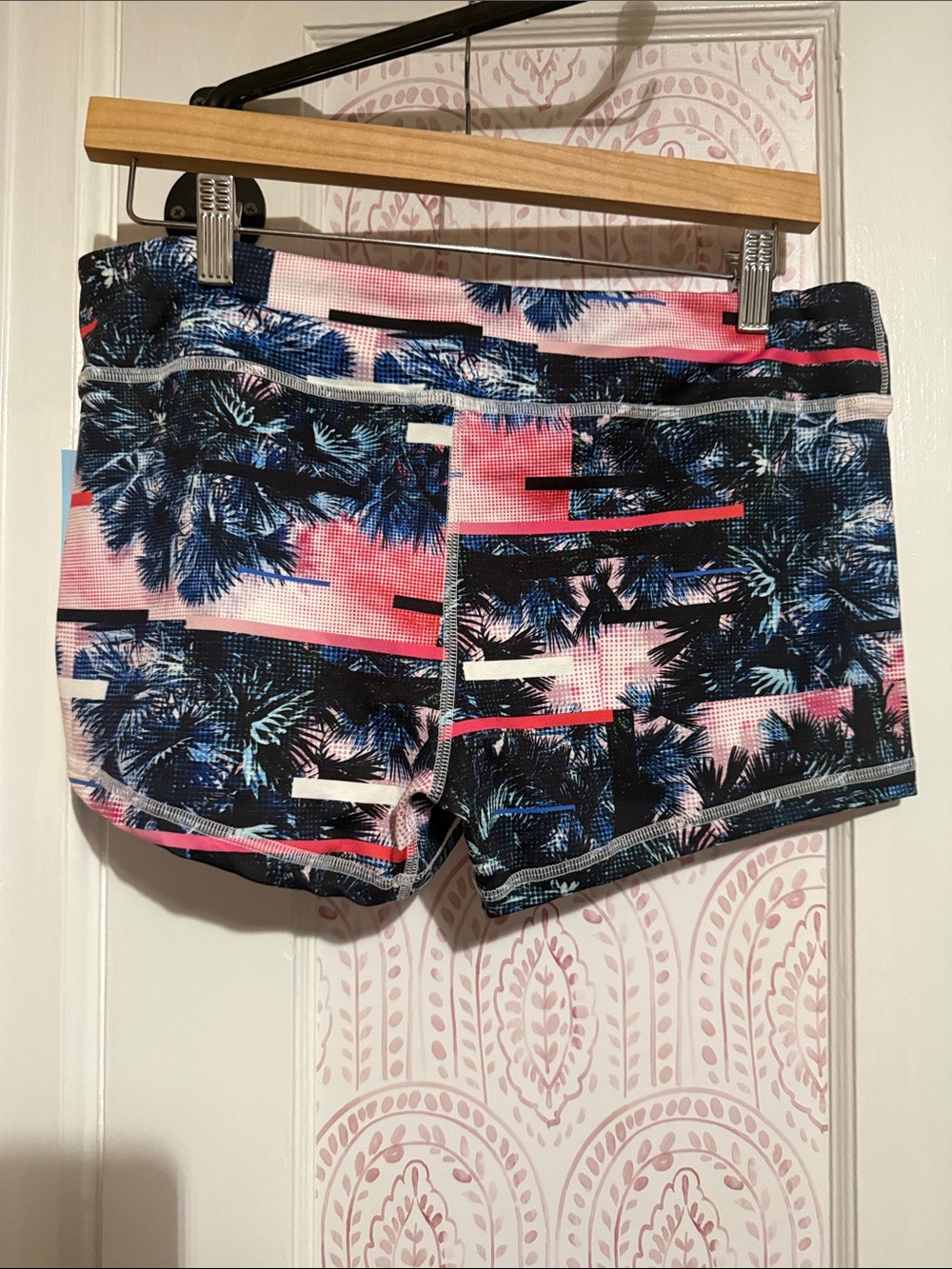 Fleo Women's Palm-Print Athletic Shorts in Pink, Navy & White - Picture 4 of 4